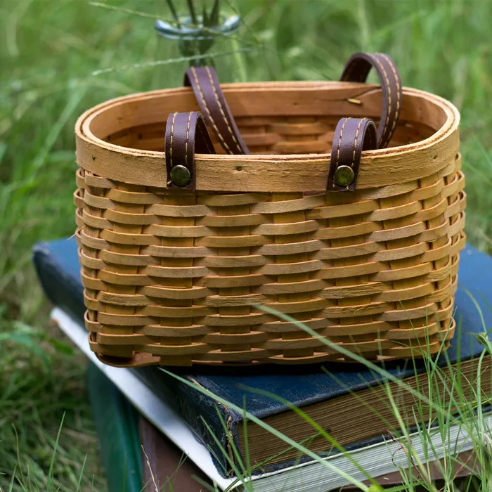 Wood storage bag wood baskets wholesale with leather handle for vegetable fruit bread or picnic