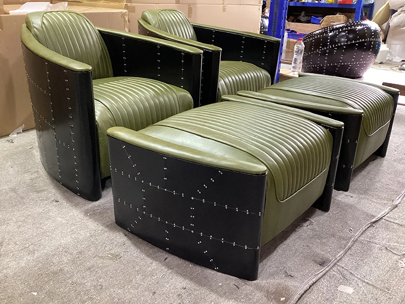 Retro Vintage Black Aluminium Aviator Chair Genuine Leather Tomcat armchair