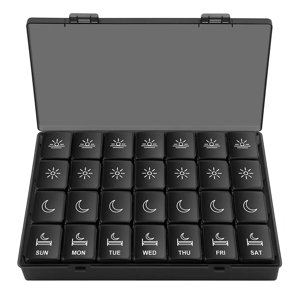 BPA Free Black Color Stock Plastic Product  Rainbow Color 7 Day Pill Organizer Small 28 Cases Weekly pill boxes