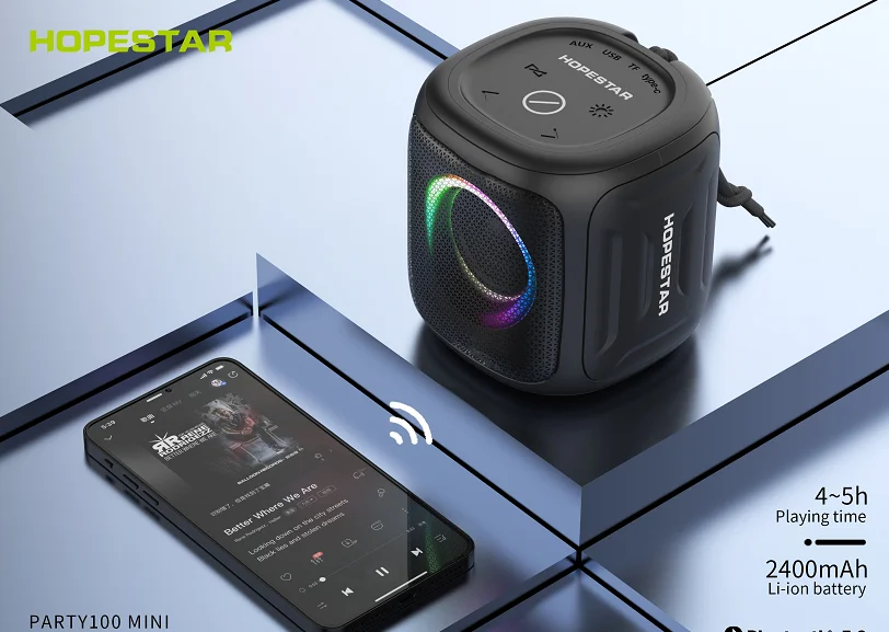 Colorful Rgb Light Bass Stereo Waterproof Outdoor Blue tooth 5W 2400mah Party100 Mini Portable Wireless Speaker CE HOPESTAR