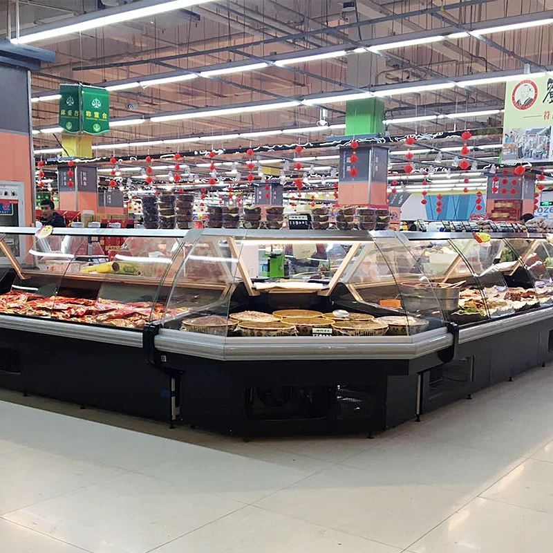 Скользящая изогнутая стеклянная витрина deli, холодильная витрина для мяса