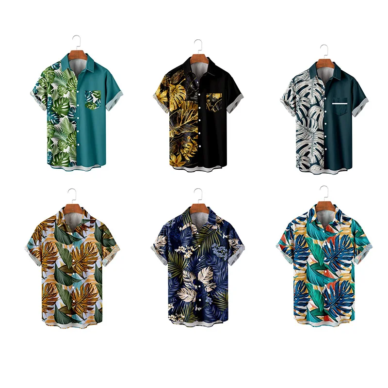 2024 Summer palm leaf design pattern custom printed hawaiian button up aloha cotton shirt