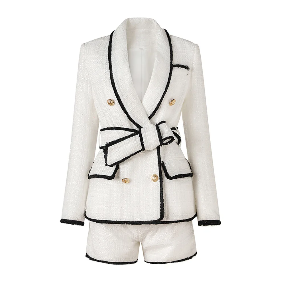 Vintage Elegant Style Two Piece Sets Ladies Office Quality Textured Women Double-breasted Blazers Shorts Colorblock Tweed Suits