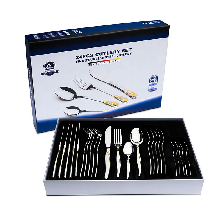 24pcs gold spoon and fork set stainless steel cutelry gold plated serving for 6 people with strong gift box packing