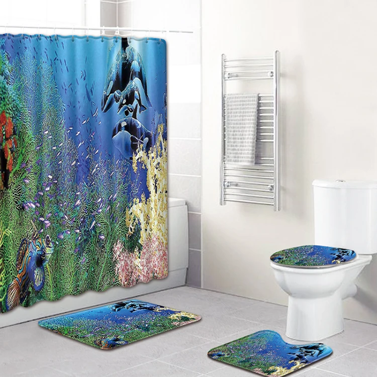 Undersea world ocean cross land mat shower curtain anti-skid mat 4 pieces set bathroom mat