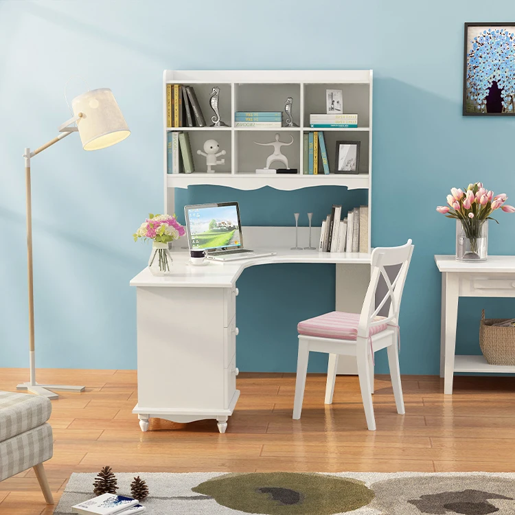 French Style Luxury Study Desk with Hutch Shelves Bookshelf Design for Girls Wood L Shape Corner Computer Home Table