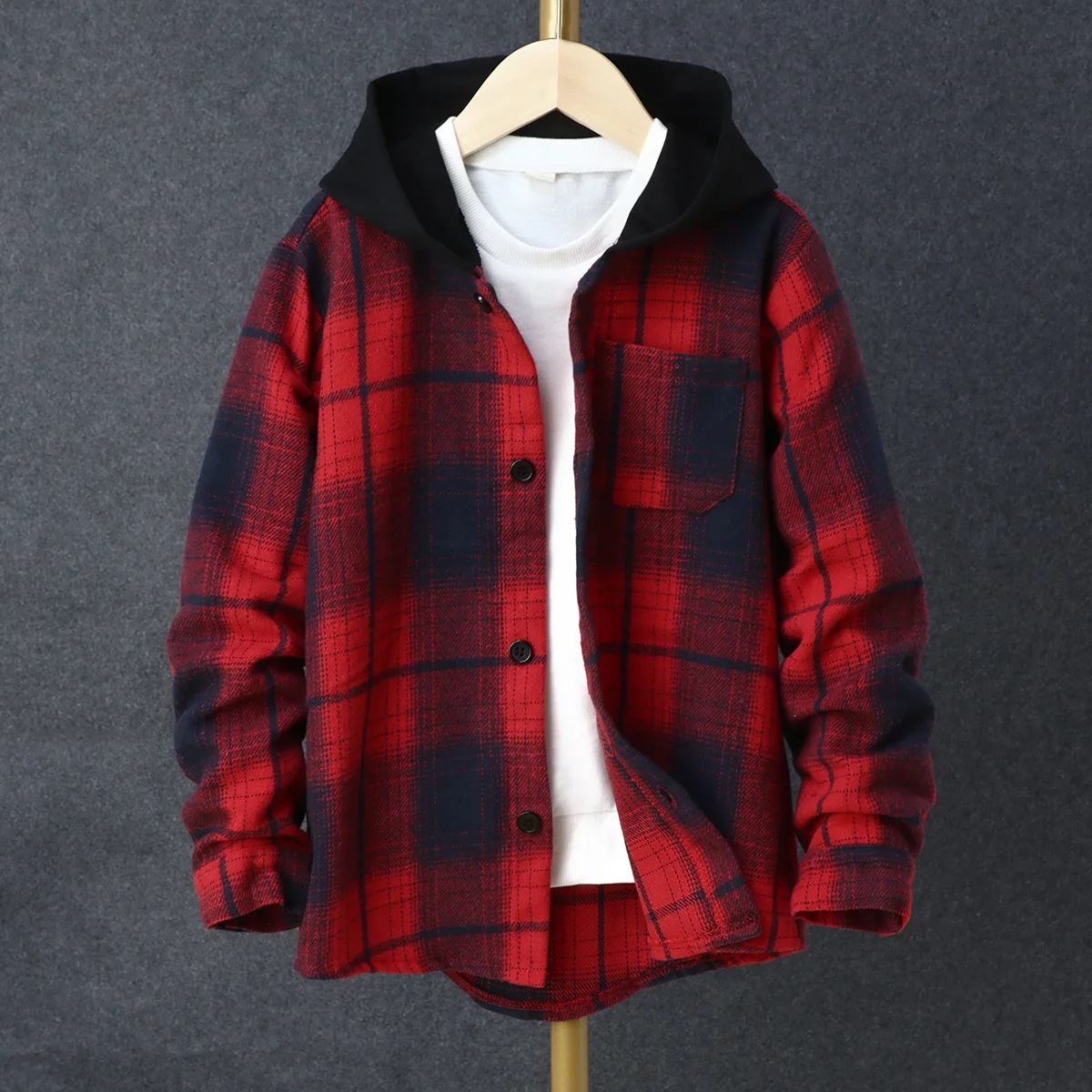 2022 Spring Autumn Children Boys Clothes Long Sleeved Single Breasted Plaid Hooded Sweater Teenage Shirt Kids Coat