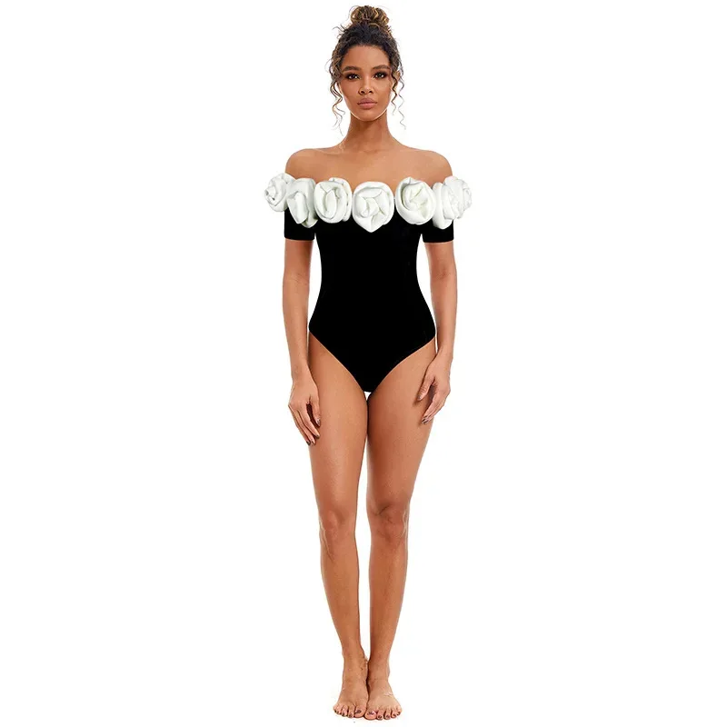 2024 One Piece Swimwear Plain Sexy Off Shoulder Swimsuit with 3D Flower for Women