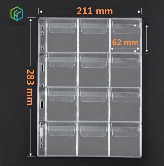 Transparent 12 Pockets Coin Collections Pages ClearPVC Loose-leaf For Coin Albums With 9 Holes Fit 3 4 Ring