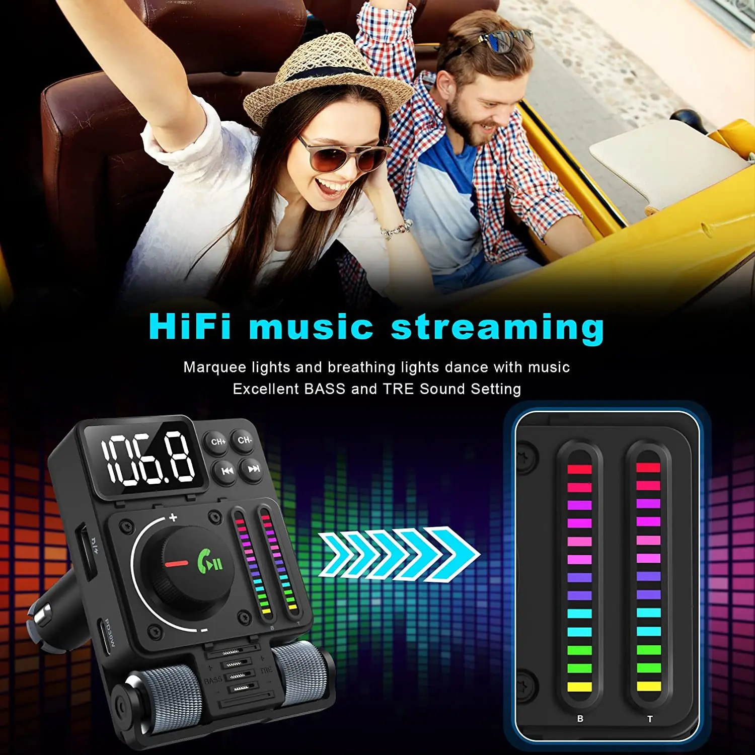 MT01 Car MP3 Player with Sound Pickup Ambient Light PD 30W Car Fast Charging Wireless Bluetooth 5.3 FM Transmitter for Car
