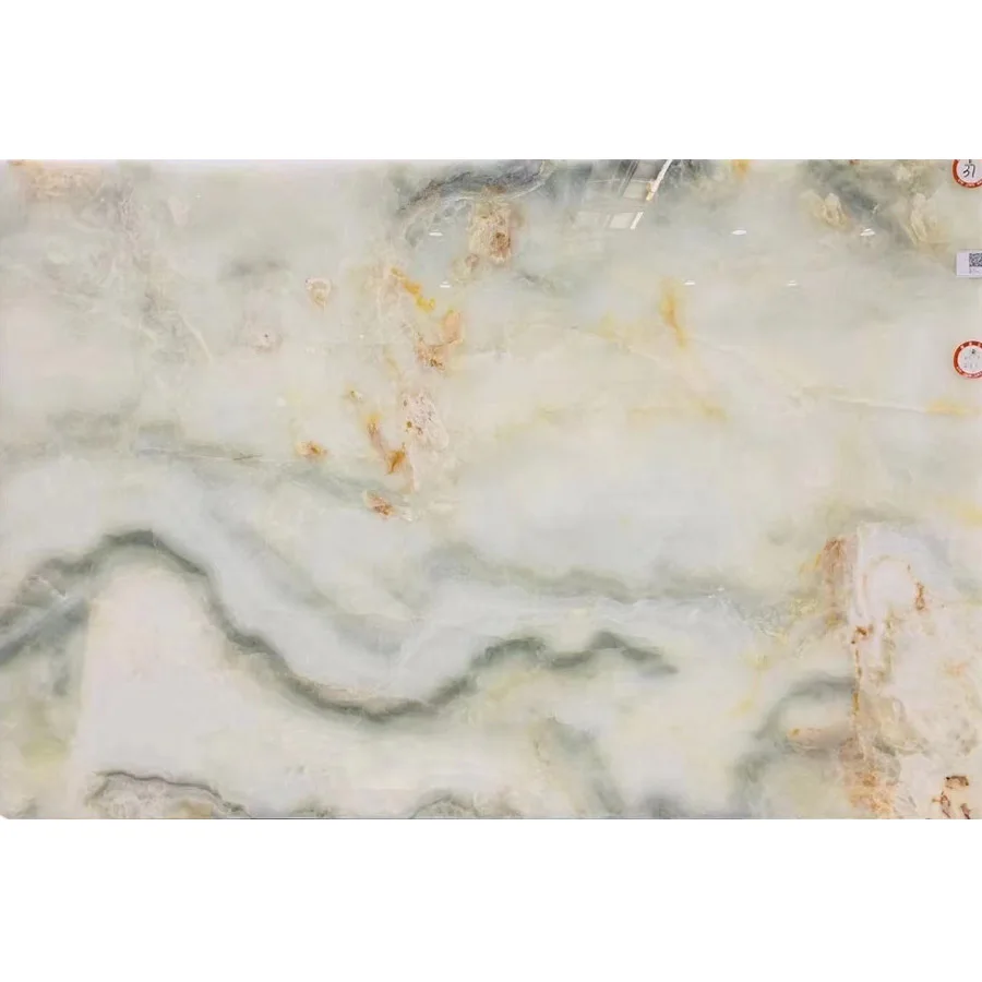 Beautiful white backdrop of yellow-green textured marble slab TV background wall adorns the marble panel