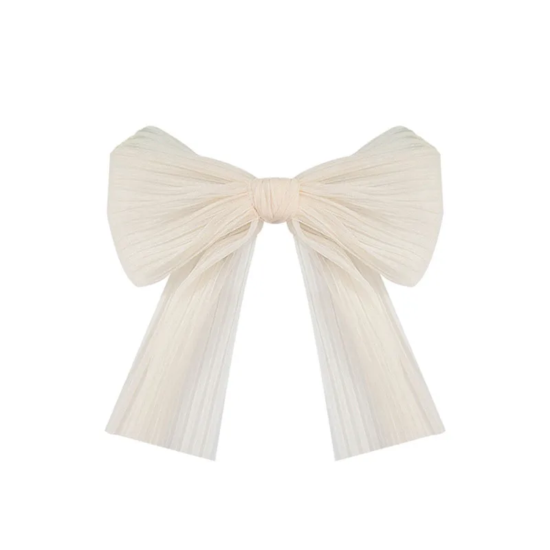 Long Super fairy white bow hair clip back head temperament silk yarn spring clip net red ribbon hair clip