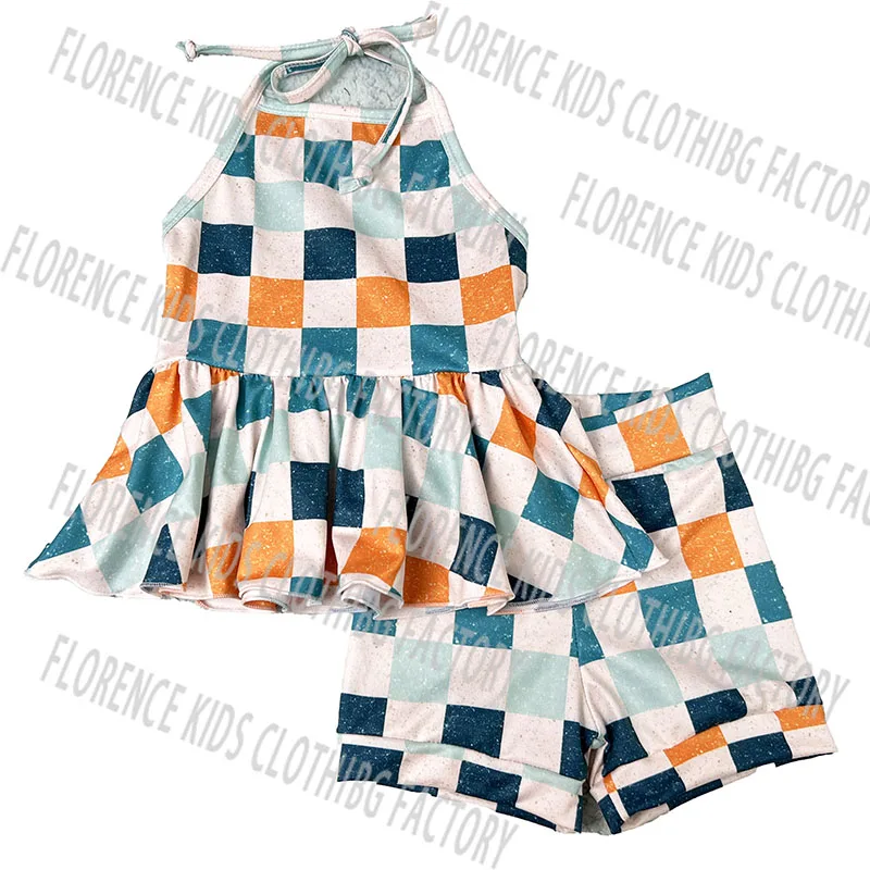 DH ODM wholesale checkered bamboo fiber halter peplum hot shorts toddler outfit baby girls clothing sets