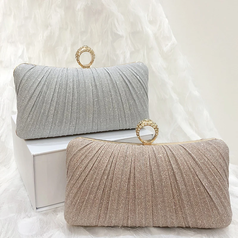 2024 Luxury Ring Solid Color Pleated Wedding Party Pair Clutch Bag Geometric Pattern Silk Pearl Dinner Bag