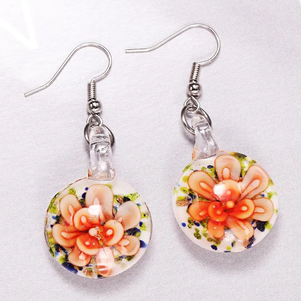 New style Millefiori Inspiration Lampwork Flower Italy Murano Glass Flat Ball Earrings Craft Jewelry Wholesale BHQ030