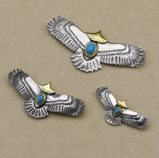 Fashion personalized jewelry solid 925 sterling silver big golden eagle feather turquoise pendant wholesale