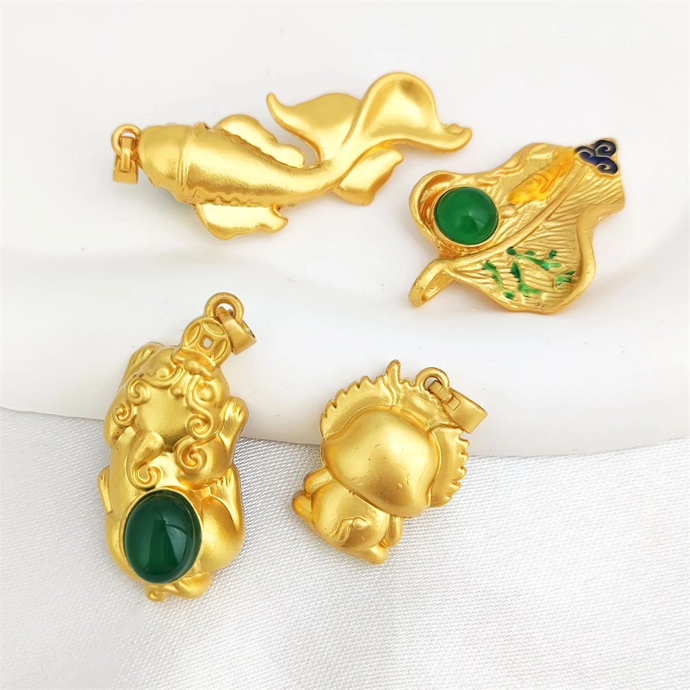 Natural Stone Buddha Charm Fan Shape Gold Plated Gemstone Chrysoprase Pendant Fish Pixiu Dragon with Green Chalcedony Pendants