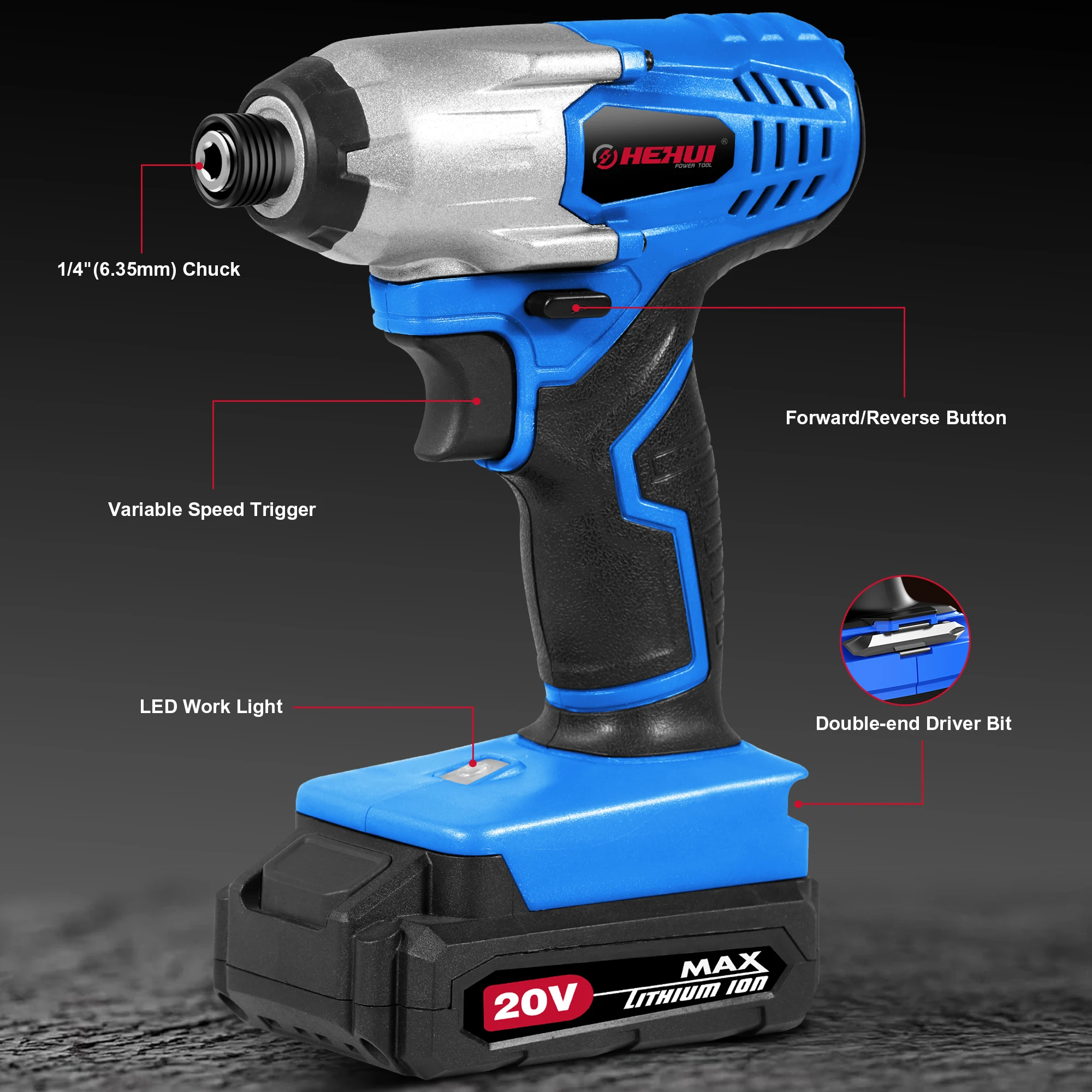 Hehui 20V High Cost Performance Power Tools Brushless Motor 120Nm 6.35Mm Chuck Cordless Impact Driver Drills With Li-Ion Battery