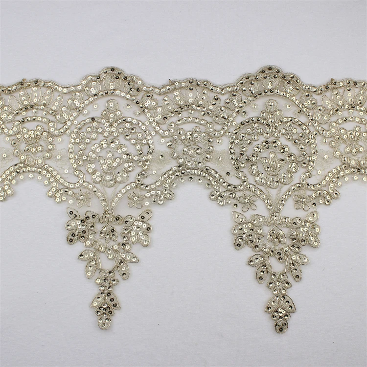 Popular Malaysia Wholesale Price Embroidered Gold Sequin Lace Fabric Embroidery Mesh Border Lace Trimming For Dress Decoration