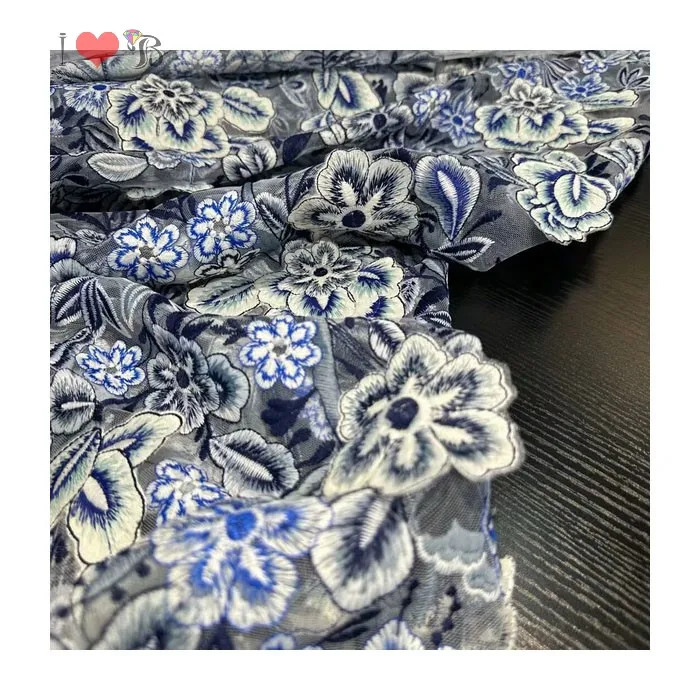 blue with white 3d floral organza embroidery lace fabric for fashion dress handcut 3d floral lace
