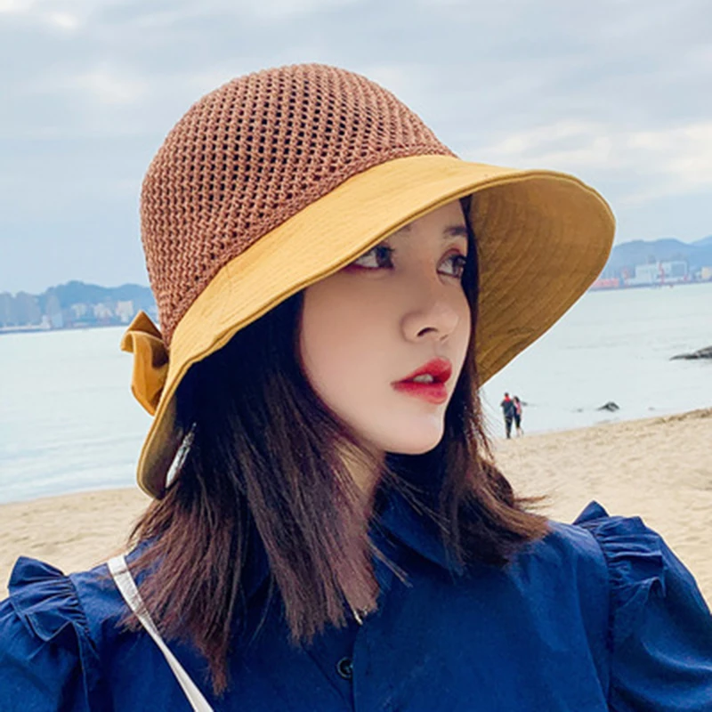 Fashion Hollow Sun Visor Hat Women Summer Crochet Straw Hat Beach Travel Floppy Bowknot Cap Folding Wide Brim Mesh Straw Hat