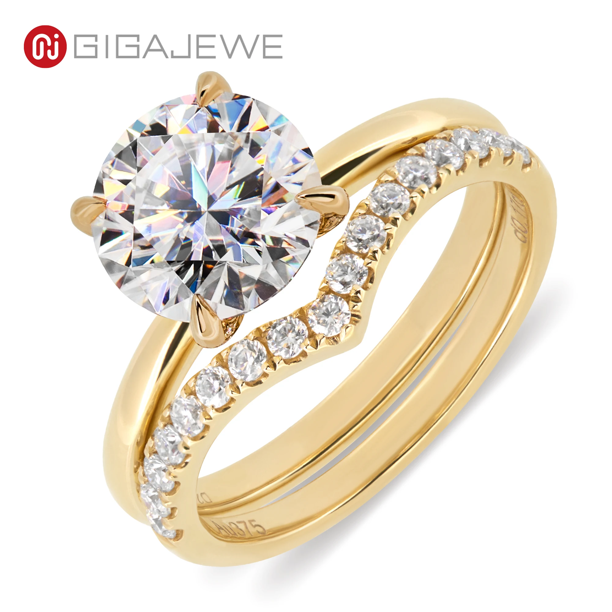 GIGAJEWE 2.5ct D color 8mm Round Cut Moissanite 9K/14K/18K Yellow Gold Two settings , Moissanite Band, Engagement Ring