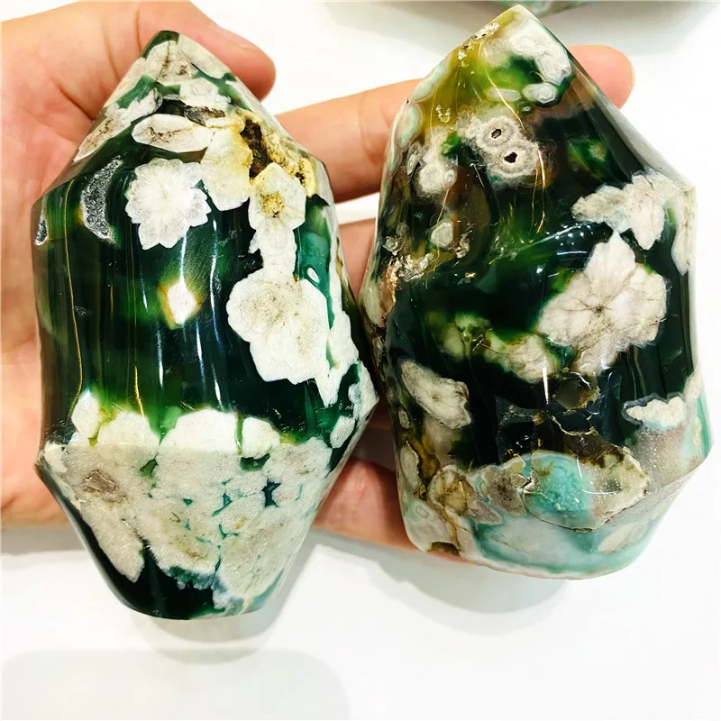 Wholesale Natural Green Cherry Blossom Agate Flame Raw Crystal Green Flower Agate Torch Stone For Home Decoration
