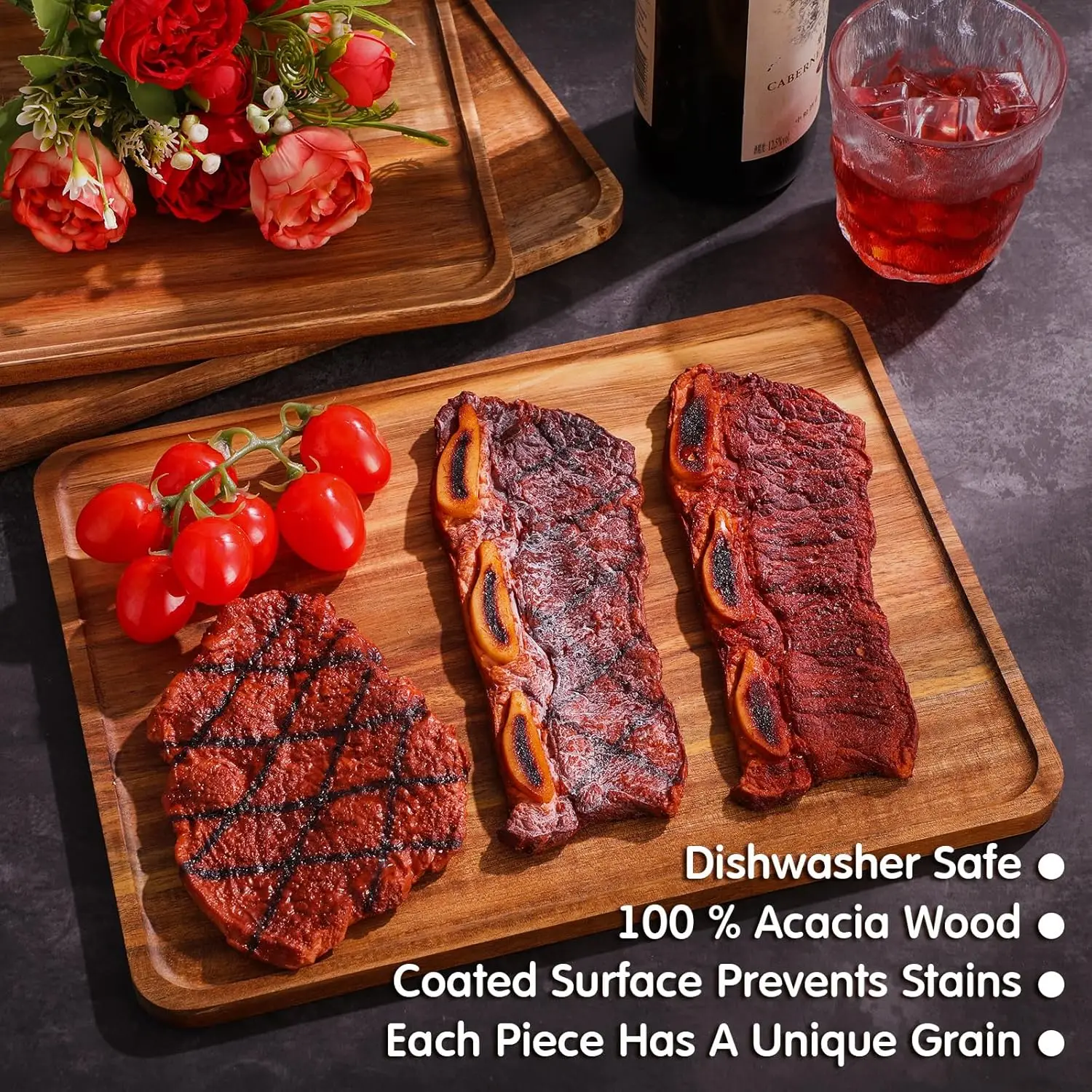 5 Pack Solid Acacia Wood Serving Trays Rectangular Wooden Serving Board for Food Appetizer Charcuterie Cheese Plates