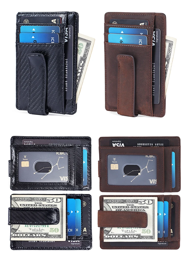 
Custom logo multi function wholesale luxury carbon fiber genuine leather men slim card holder wallet leather money clip for gift 