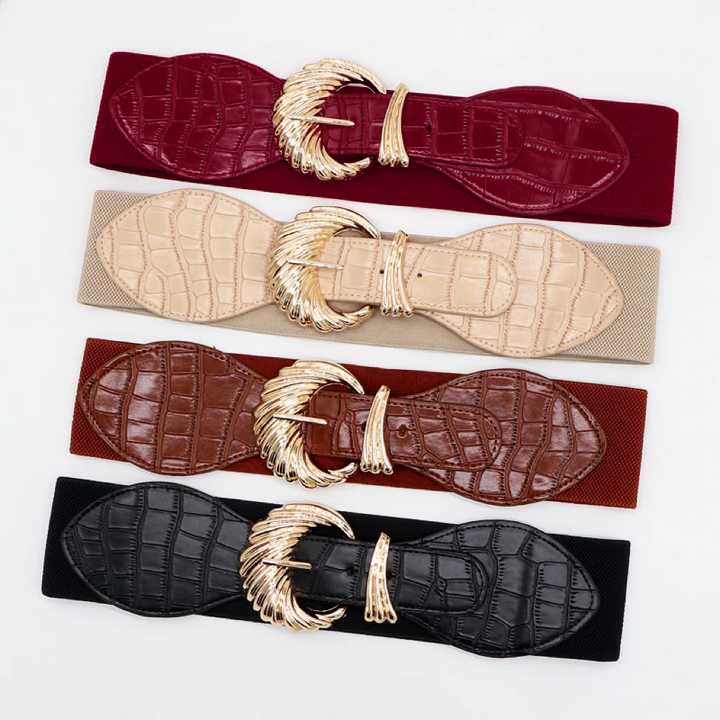 Wholesale Vintage Engraved Alloy Buckle Stone Pattern PU Leather Elastic Western Belt Woman
