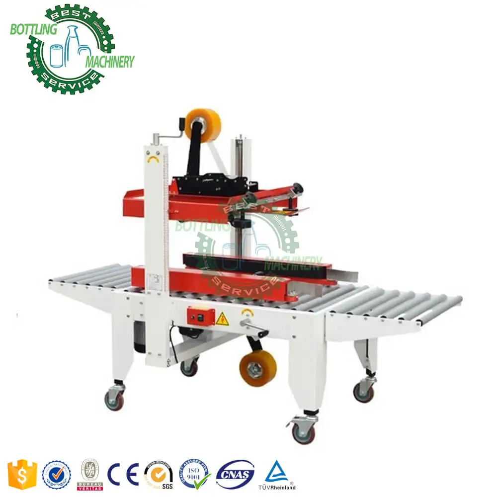 Durable automatic continuous cover blade folding width height adjustable case box carton closing machine with roller conveyor