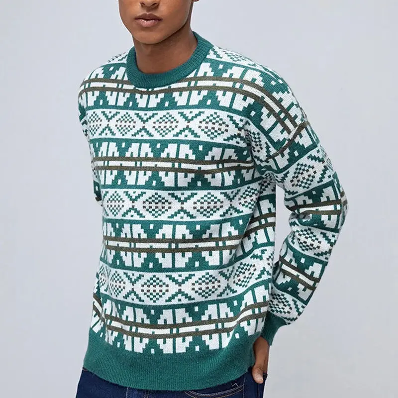 Custom logo jacquard sweater crew neck acrylic pullover autumn knit sweater for men