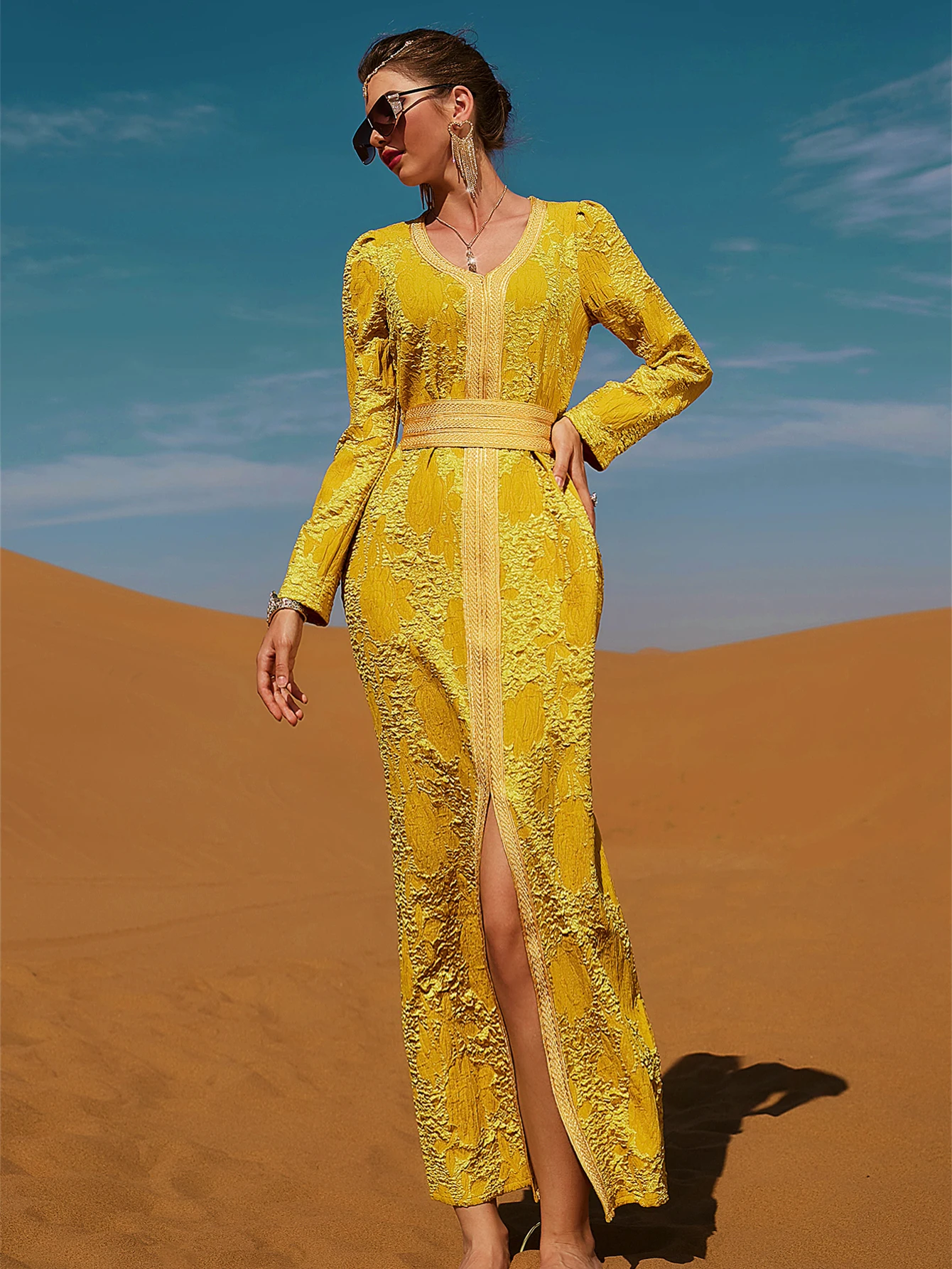 Muslim Ladies Evening Party Wear V Neck 3D Floral Print Yellow Color Elegant Dress Middle East Dubai Muslim Woman Abaya