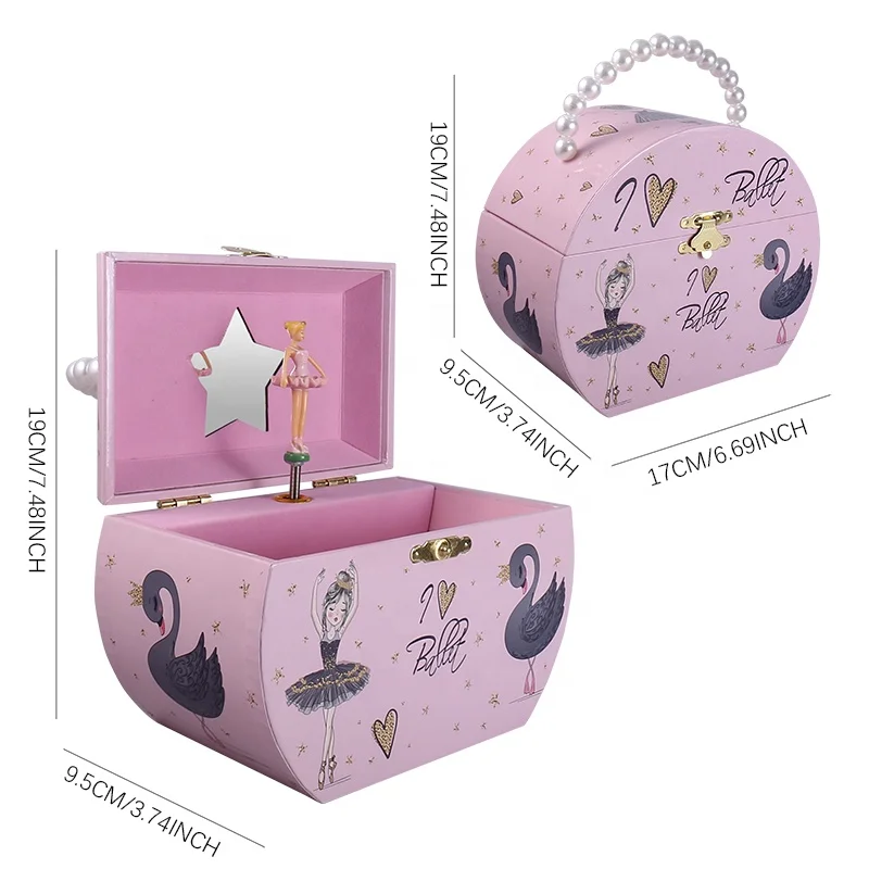 Ever Bright Factory Custom Semicircular Shape Music Box Wood Black Swan Dancing Ballerina Jewelry Music Box With Pearl Handle