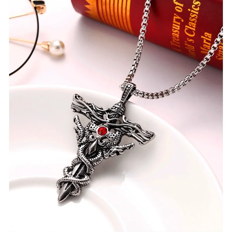 Creative Double Dragons Sword Pendant Necklace for Men Antique Silver Cross  Titanium Steel Necklaces Party Jewelry