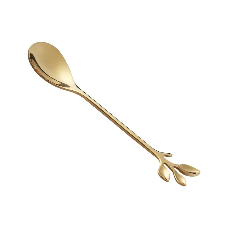 Factory Direct Sale Stainless Steel Leaves Spoon Fork Stirring Coffee Spoon Three Teeth Fruit Fork Gift Box with Golden Spoon