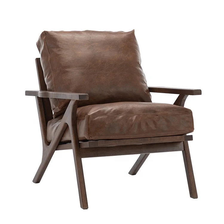 Modern Furniture Couches Design Comfort Wooden Frame Living Room Single Seat Sofa Brown PU Leather Chaise Lounge Chair