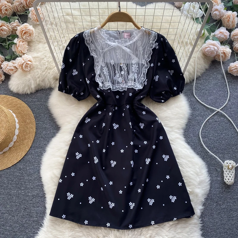 Custom French sweet floral lantern sleeve dress female slim super fairy A-line dress