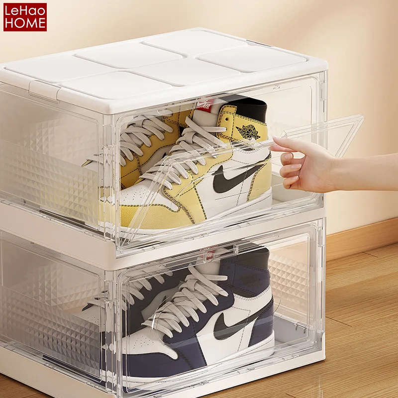 Space-Saving Transparent Plastic Folding Shoe Box Rack Side Opening Shoe Drawer Cabinet Stackable Clear Combination  shoe case