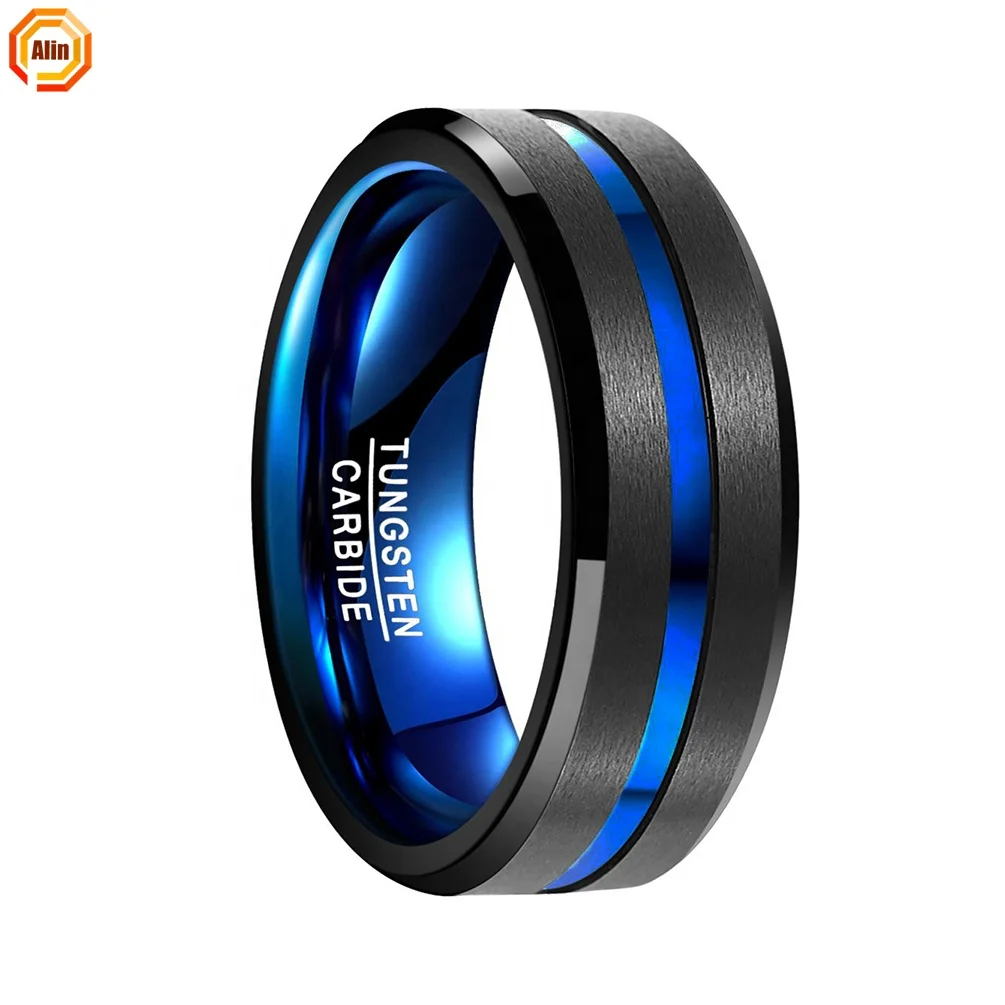 8MM Blue Color Plated Big CZ Stone Brushed Inlay Pattern Wedding Band Tungsten Carbide Men Rings