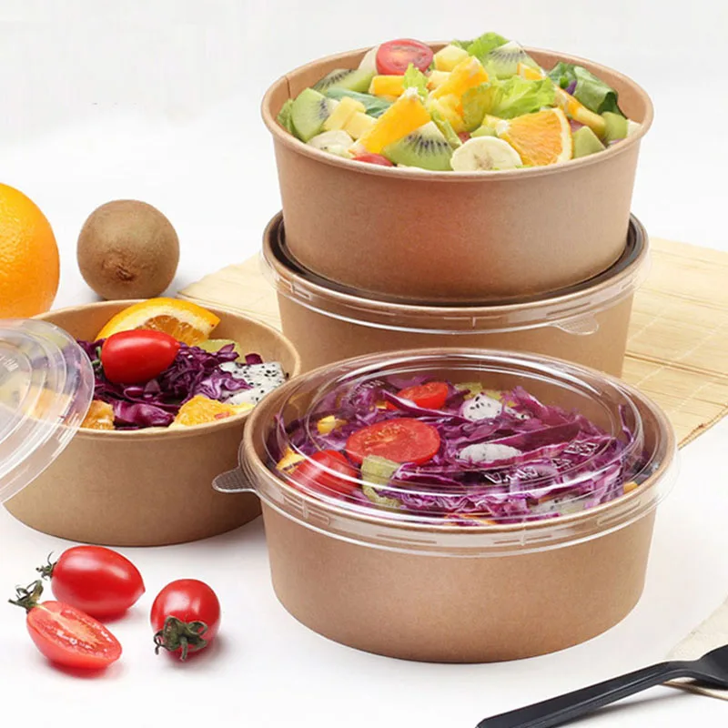 Food Container Ice Cream Paper bowl Disposable Multi-size Custom Printed Kraft Bowl With PP Lid Wholesale