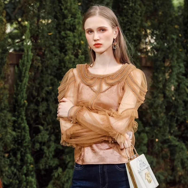 Elegant Vintage Casual Ladies Tops Shirts Long Sleeve Lace Appliques Sheer Tops