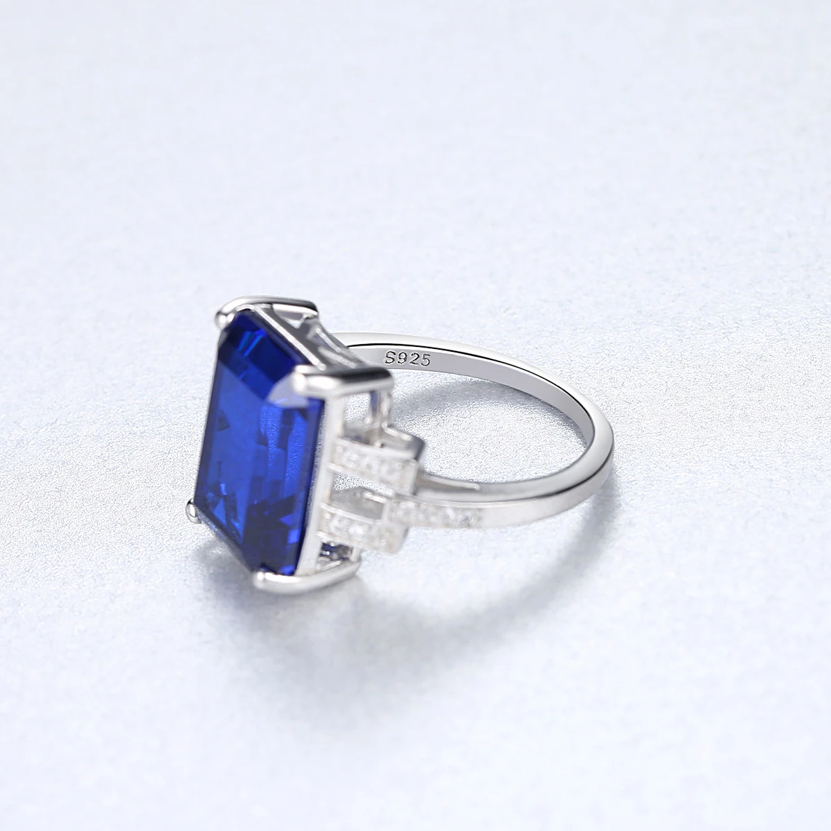 CZCITY Woman Trendy 925 Sterling Silver Gemstone Chunky Sapphire Blue Stone Finger Square Ring