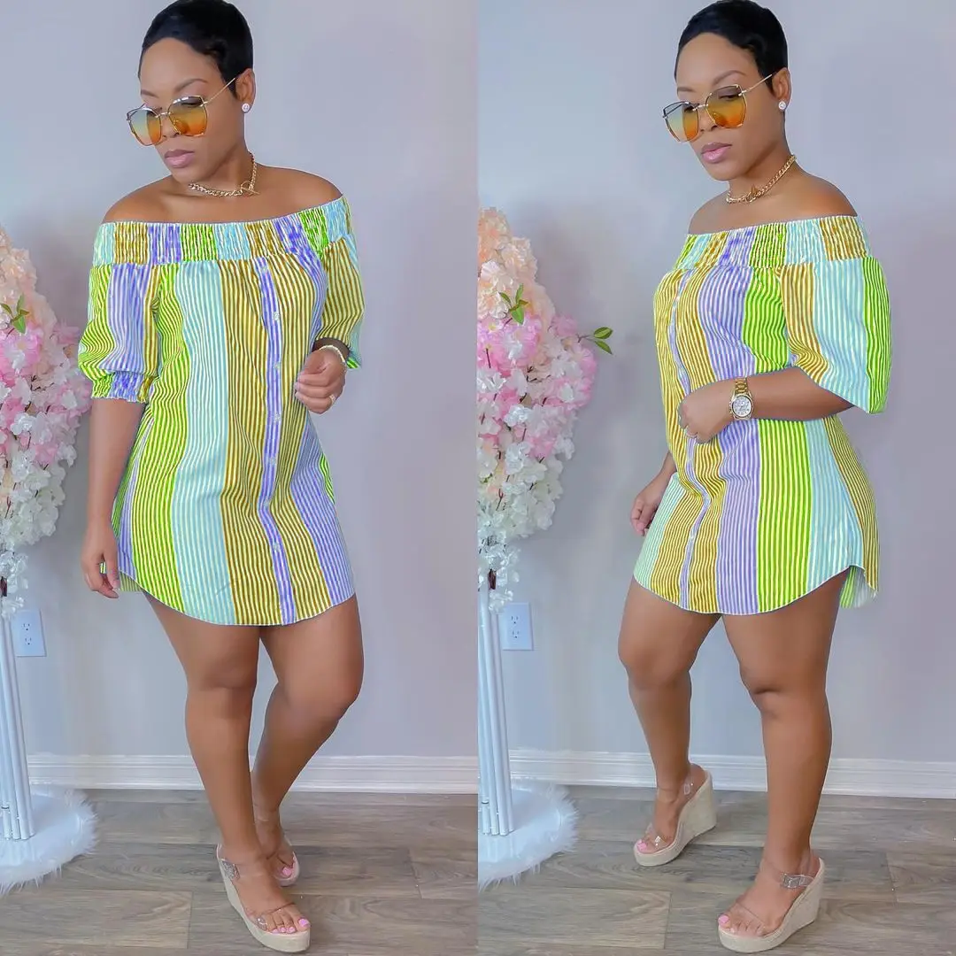 2022 Summer Casual Clothings Women Striped Print Contrast Color Off Shoulder Short Sleeve Summer Dress