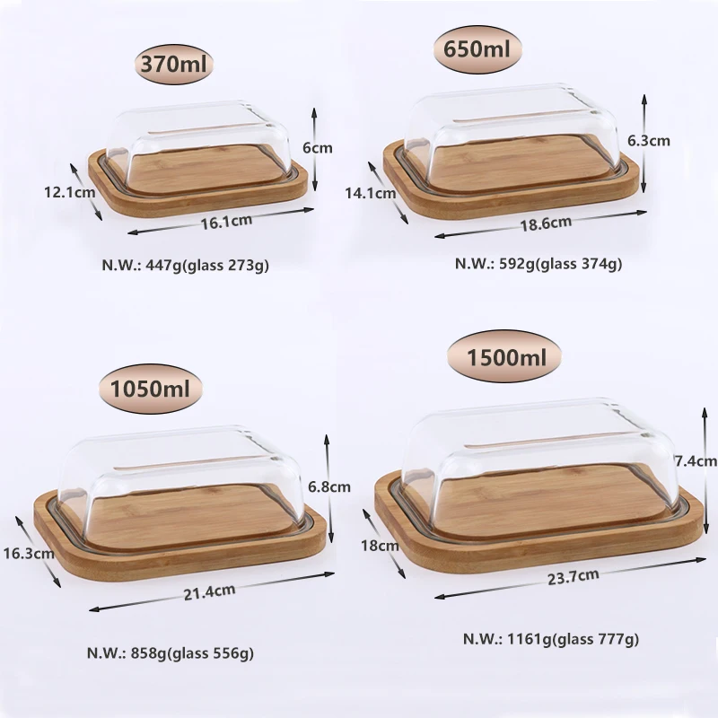 Customised logo large size high borosilicate clear glass cheese butter dish with bamboo cover lid