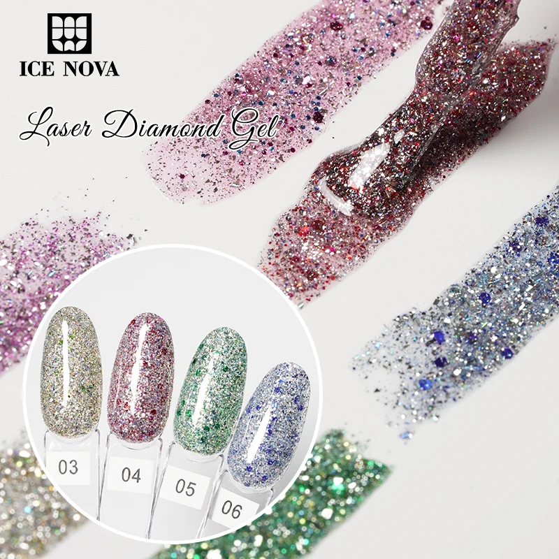 ICE NOVA Laser Shiny Diamond Gel Shimmer Gel Polish Semi Cured Gel Nail Wraps Polish Suitable For Party Nail Art
