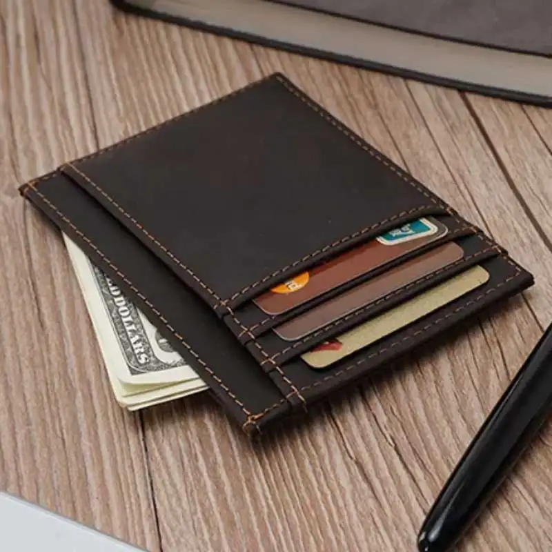 wb1875 Men Rfid Blocking Crazy Horse Leather Front Pocket ID Wallets Minimalist Credit Card Wallet