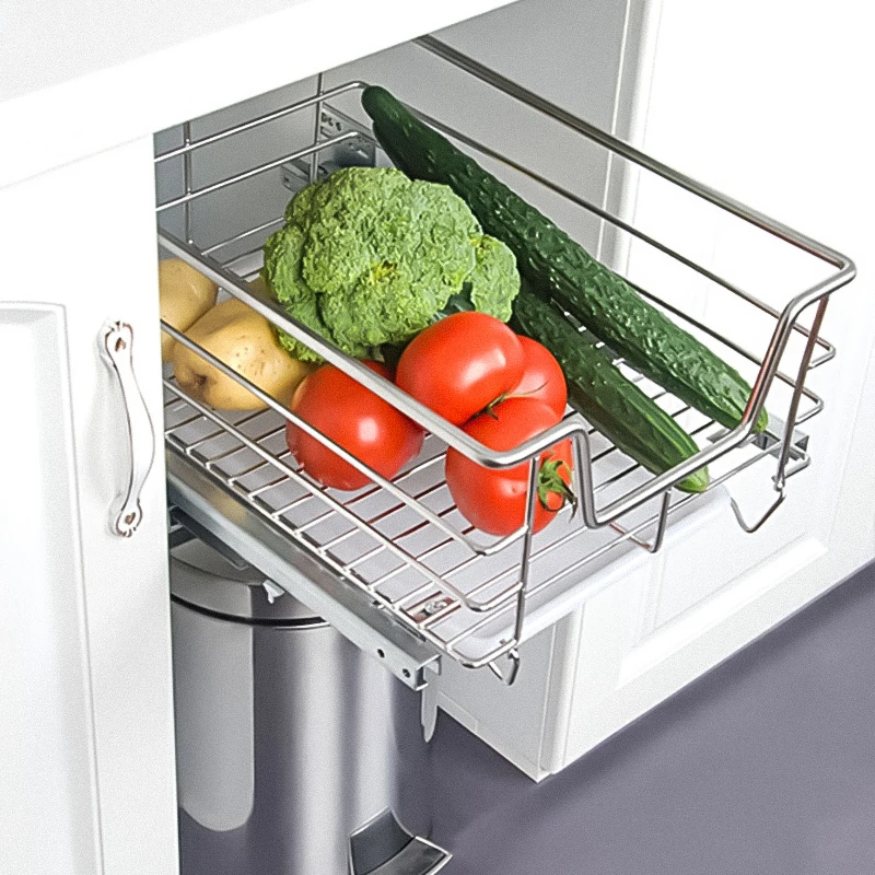 Kitchen Organizer Cabinet Pull Out Drawer Stainless Steel Storage Rack Systems Chrome Drawer Wire Basket