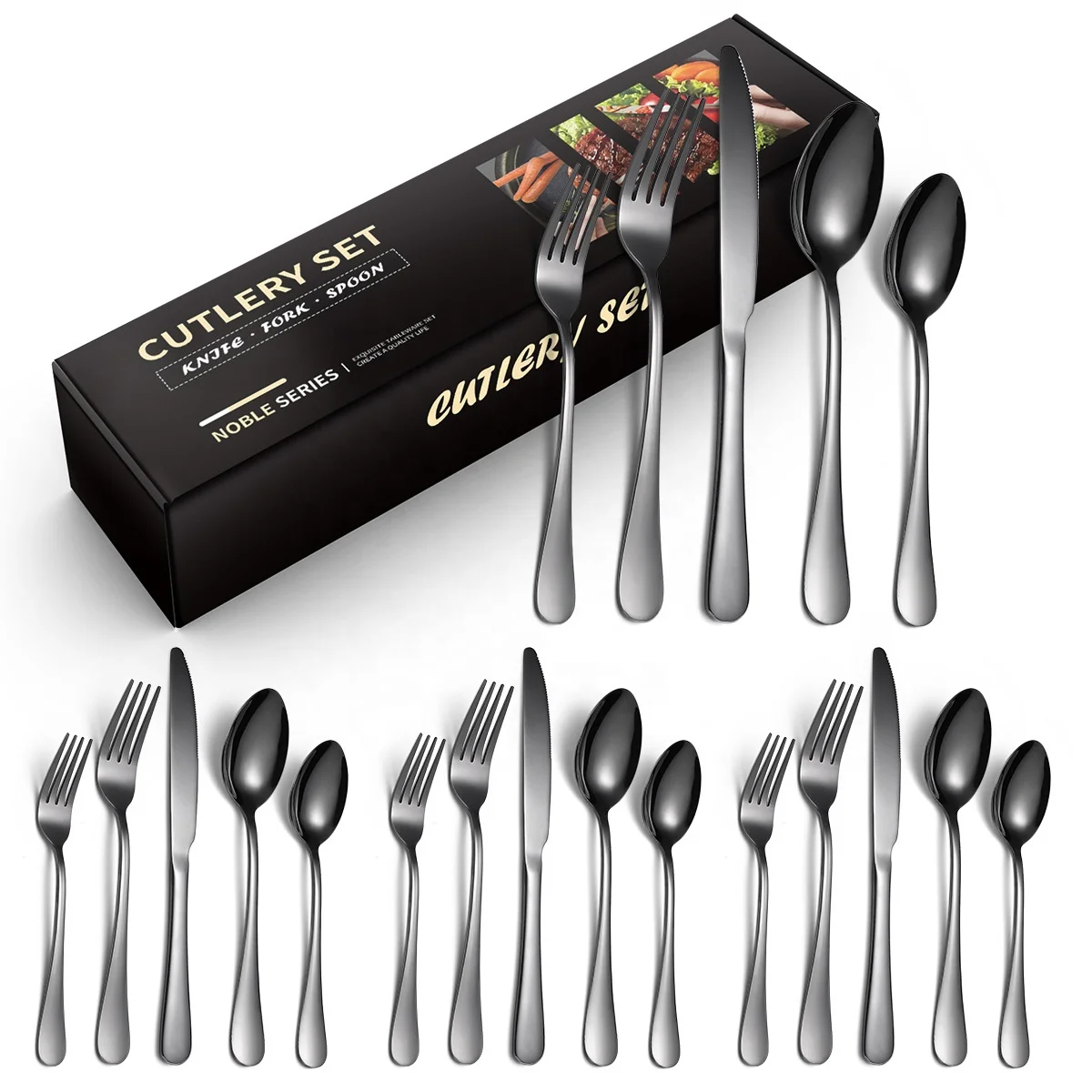 Biumart 20 pcs Cutlery Sets Luxury High Quality Stainless Steel Dinner Set Tableware for Wedding Party Customer Logo Box Bag