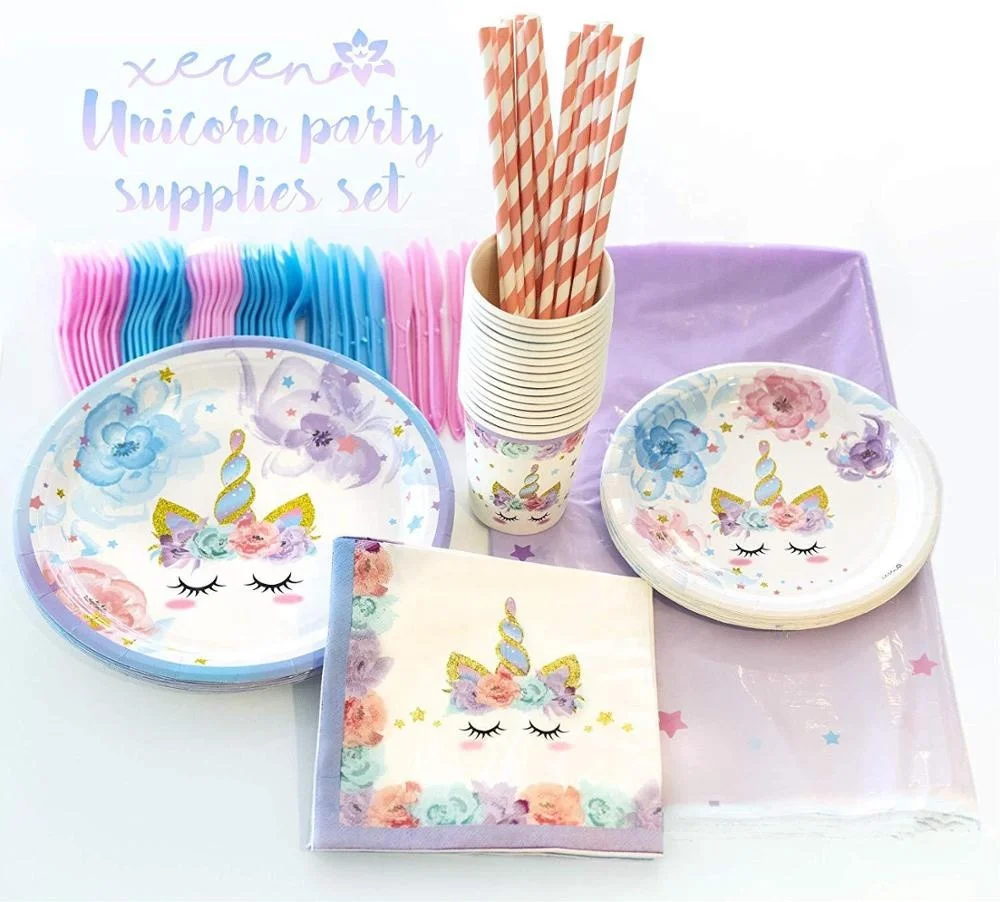 2019 Newest 16 Guests Unicorn Party Supplies  Pack Children Rainbow Birthday Party Supply Set With Bonus Happy Birthday Banner